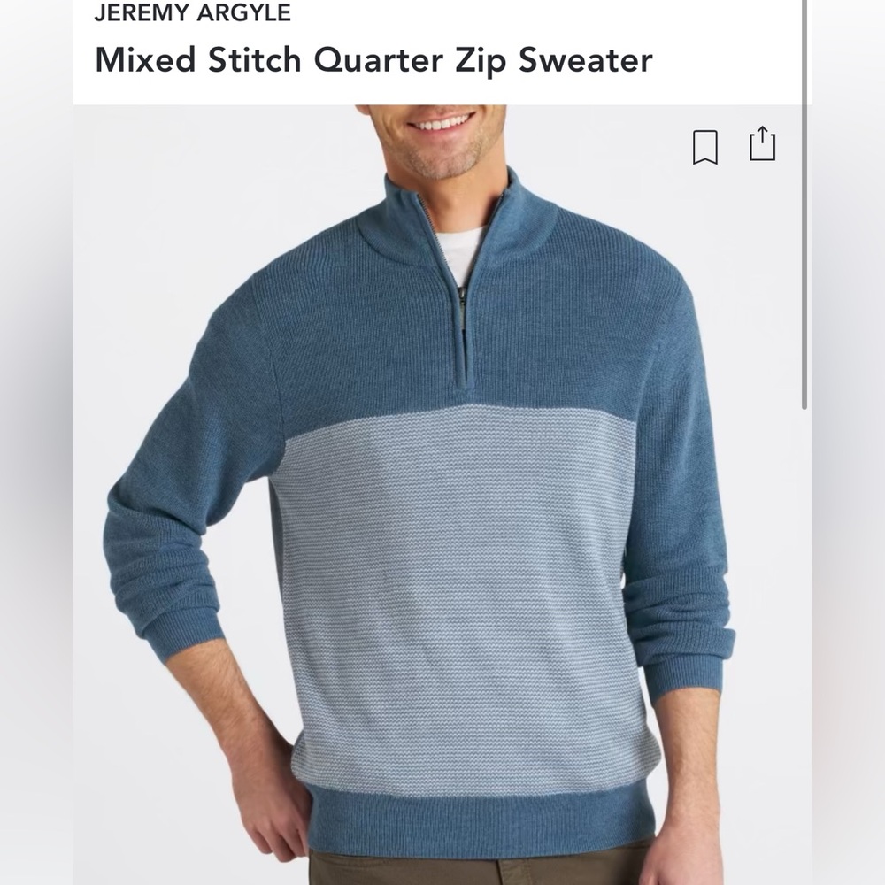 Jeremy Argyle Mixed Stitch 1/4 Zip Sweater, Blue Heather, Size Large.